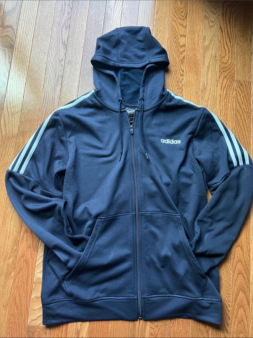 adidas Navy Hooded Full-Zip Jacket with Light Blue Stripes